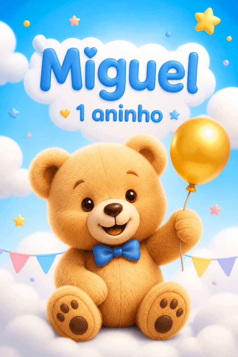 Animated teddy bear invitation: Miguel, 1 year old